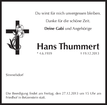 Traueranzeige von Hans Thummert von Pegnitz-Zeitung